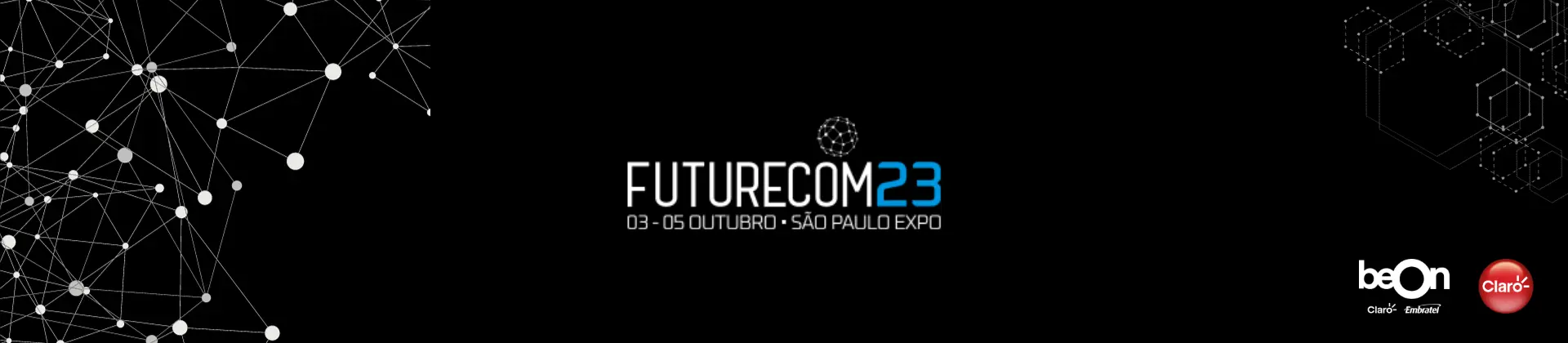 Imagem preta com linhas em branco que se cruzam simulando conexões, e a frase "futurecom 2023"