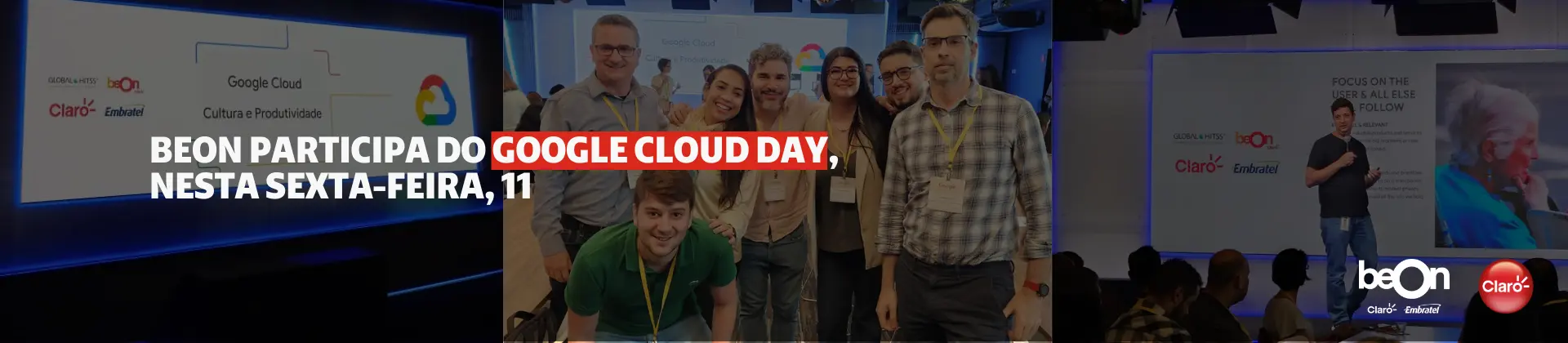 beOn participa de evento no escritório da Google sobre Cloud. No banner contém imagens do evento.
